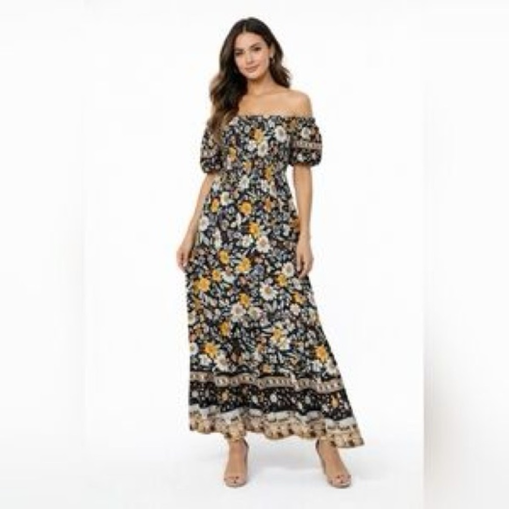 Mikarose Black and Yellow Floral Maxi Dress